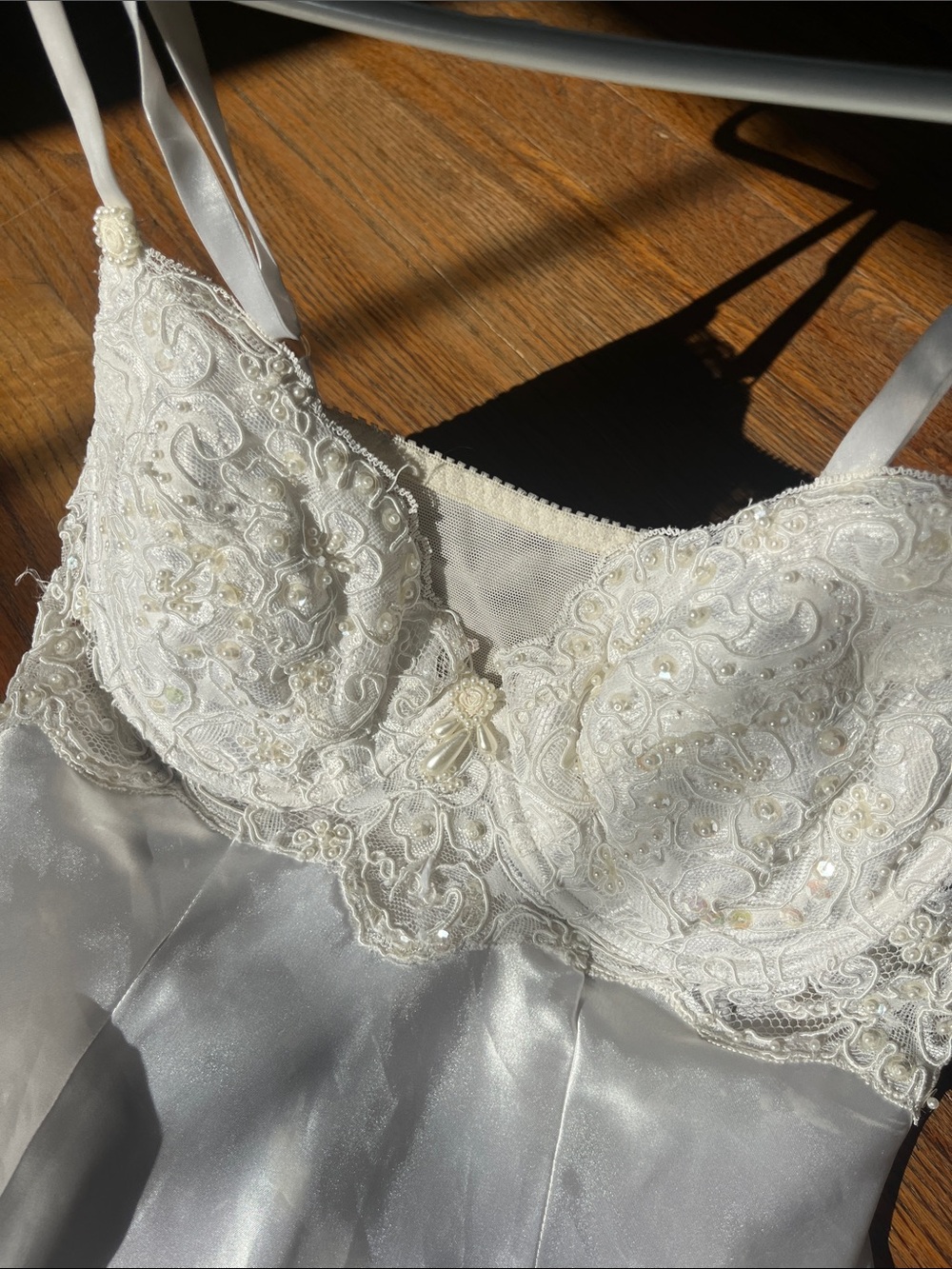 Victoria’s Secret white satin slip dress with beads, lace, and pearls 90s - Picture 6 of 16